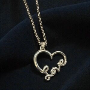 Brighton Silver Tone Love Script Heart Pendant Necklace Crystal Accents